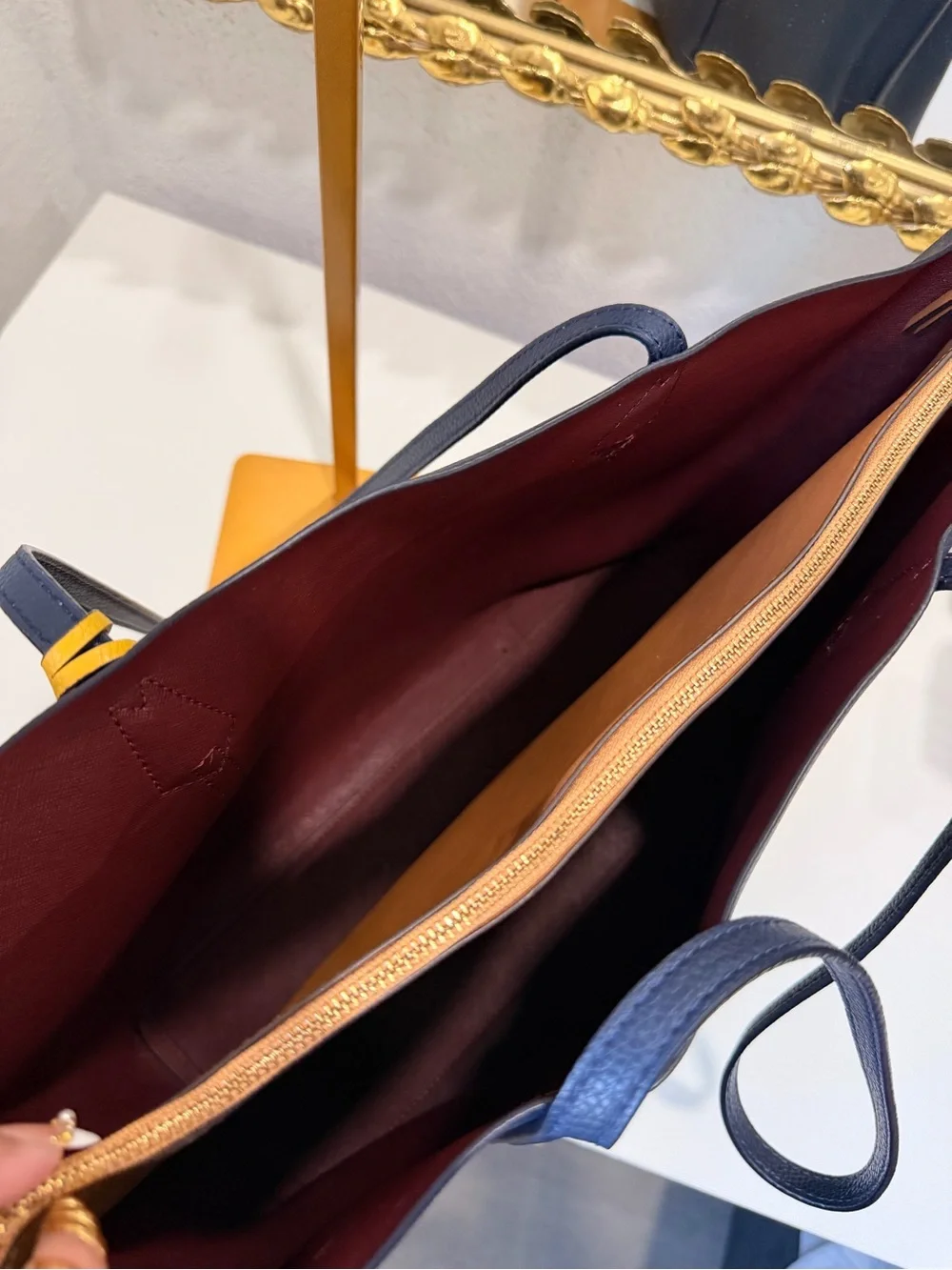 Tory Burch Navy Leather Tote with Yellow Tag